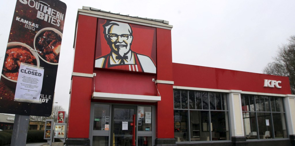 A closed sign is posted outside a KFC restaurant near Ashford, England. As of Monday, about 600 of the KFC locations in the United Kingdom remained closed.