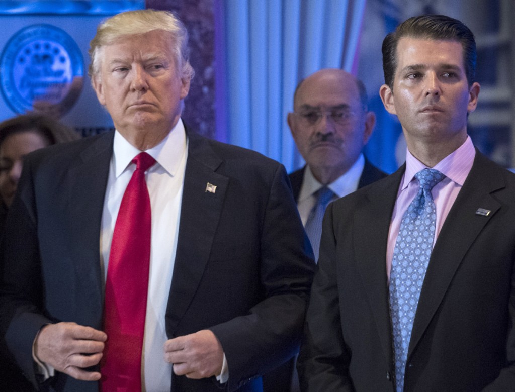 President Trump appears with Donald Trump Jr. at a news conference at Trump Tower in New York on Jan. 11 2018. Trump Jr. embarks on a trip to India beginning Tuesday. The Washington Post/Jabin Botsford