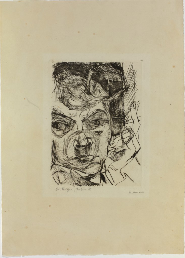 "Die Raucher (The Smoker)," Max Beckmann, 1916. Drypoint on chamois laid paper, 13   x 10 in. (34.9 x 25.4 cm) Colby College Museum of Art. The Norma Boom Marin Collection of German Expressionist Prints, 2017.439. © 2018 Artists Rights Society (ARS), New York / VG Bild-Kunst, Bonn