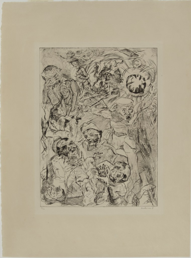 "Die Granate (The Granade)," Max Beckmann, 1915. Drypoint on simili Japan, 25¼ x 18⅞ in. (64.1 x 47.9 cm). Colby College Museum of Art. The Norma Boom Marin Collection of German Expressionist Prints, 2017.449. © 2018 Artists Rights Society (ARS), New York / VG Bild-Kunst, Bonn