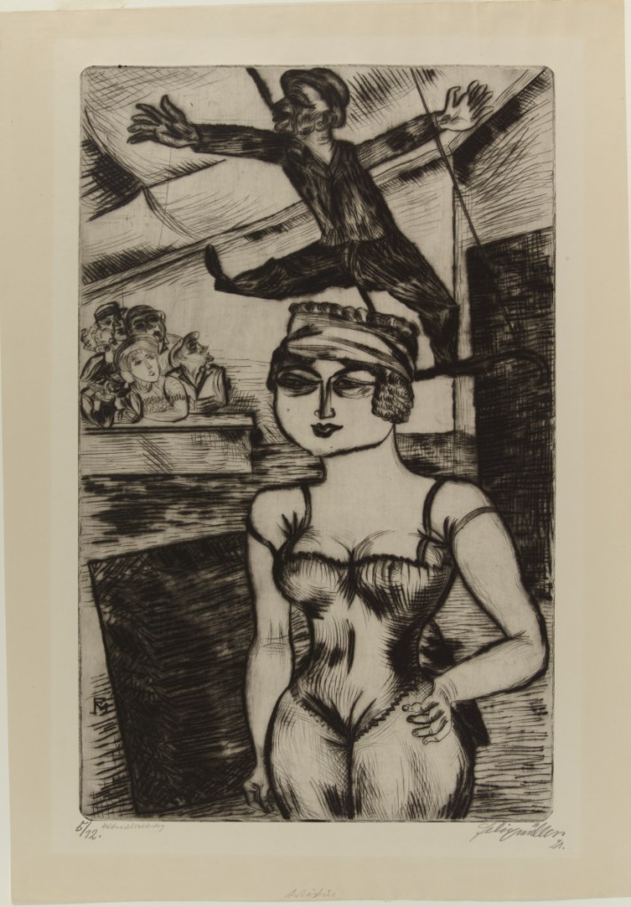 "Artistin (Circus Performers)," Conrad Felixmüller, 1921. Drypoint, 21½ x 13½ in. (54.6 x 34.3 cm). Colby College Museum of Art. The Norma Boom Marin Collection of German Expressionist Prints, 2017.449. © 2018 Artists Rights Society (ARS), New York / VG Bild-Kunst, Bonn