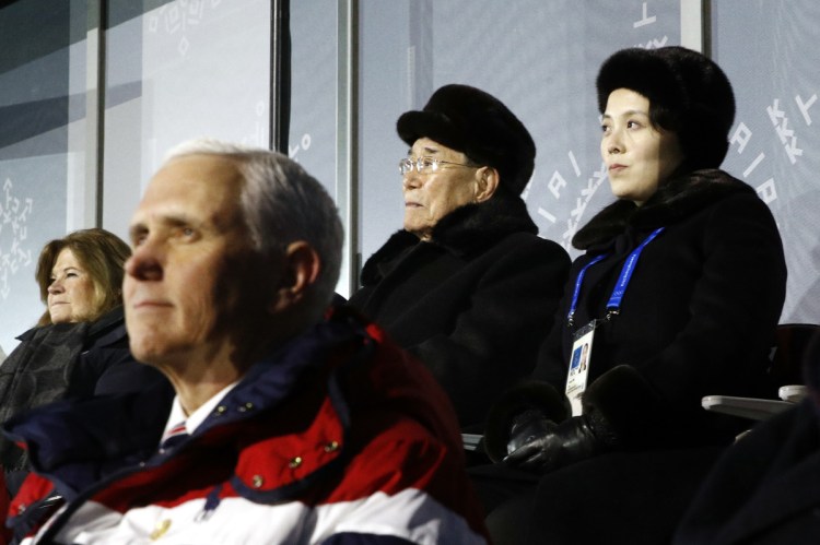 Kim Yo Jong, top right, sister of North Korean leader Kim Jong Un, sits alongside North Korea's nominal head of state Kim Yong Nam, and behind Vice President Mike Pence on Feb. 9 at the Winter Olympics in Pyeongchang, South Korea.
