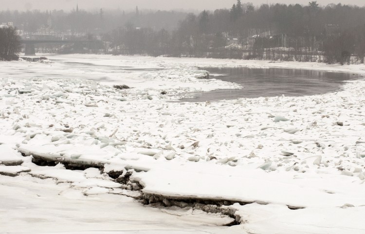 The ice jam in Kennebec River between Randolph and Farmingdale is seen Tuesday in Randolph. The Pearl Harbor Remembrance Bridge is seen at top left corner.