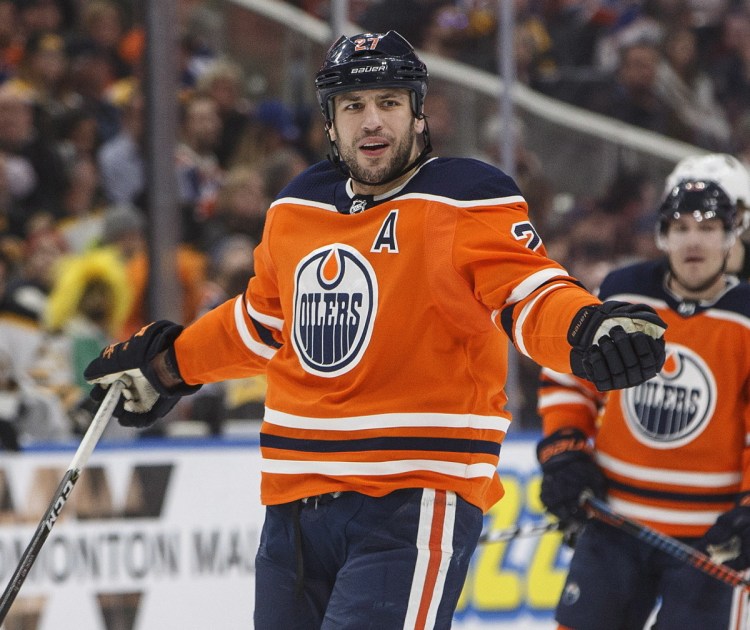 Milan Lucic of the Oilers reacts to a referee's call during the third period of Edmonton's 3-2 loss to the Boston Bruins on Tuesday in Edmonton, Alberta. Lucic was held off the scoresheet but has five points in five games against his old team.