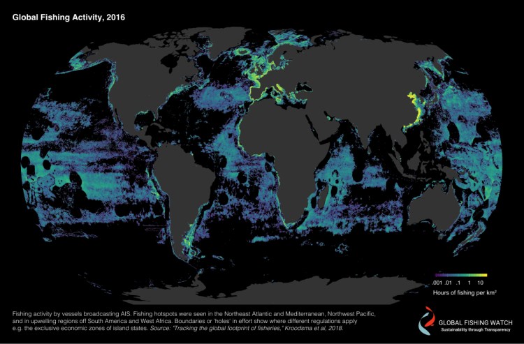 A map by Global Fishing Watch tracks fishing activity during 2016. Areas in yellow are among the most heavily fished.
