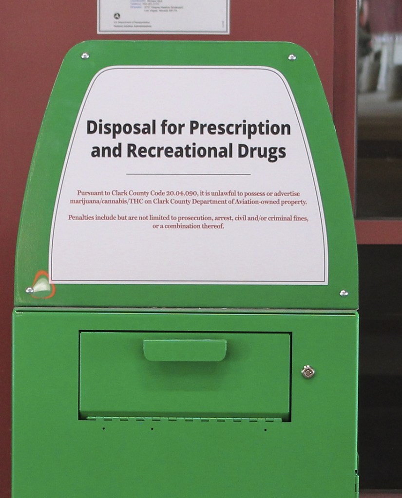 A metal container is designed for "Disposal for Prescription and Recreational Drugs."