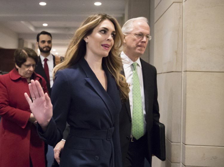White House Communications Director Hope Hicks arrives to meet behind closed doors with the House Intelligence Committee, at the Capitol on Tuesday.