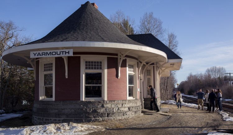 Visitors attended an open house Tuesday at the Yarmouth Grand Trunk Railroad Depot. The historic 1906 building still has many of its original features, including the ceilings, light fixtures and a ticket window. It is is being offered for $165,000 with a preservation easement through Maine Preservation's Protect and Sell Program.