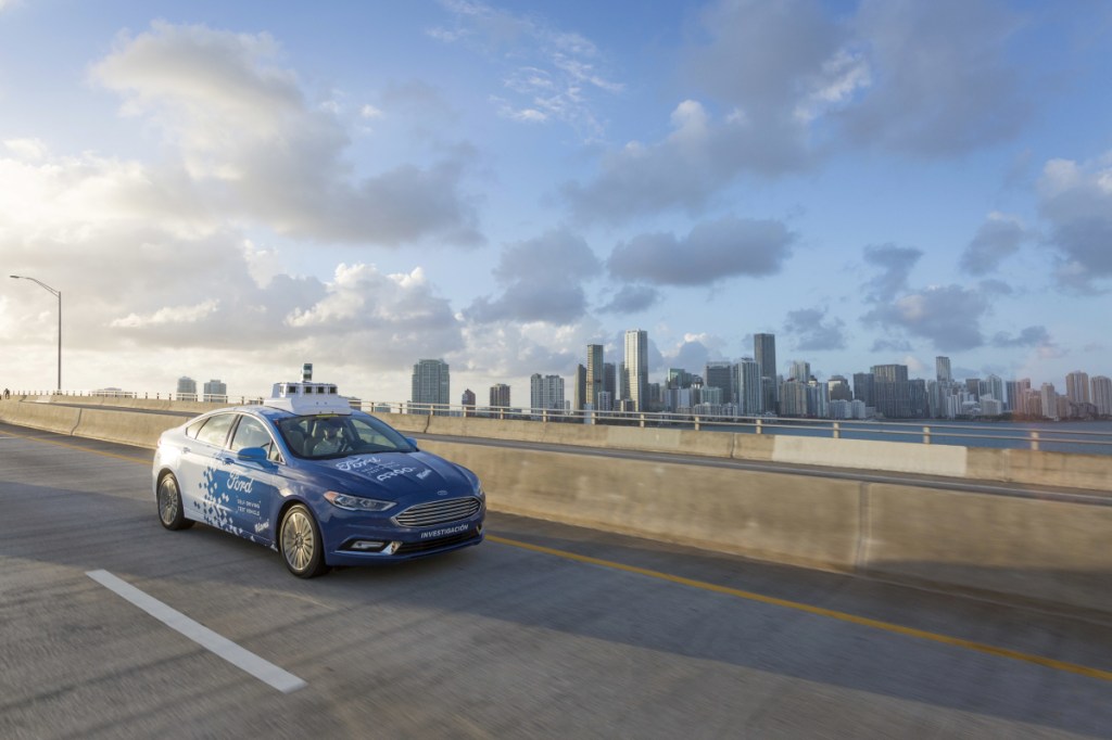 This undated image provided by Ford Motor Company shows a self-driving vehicle from Ford and Ford partner Argo Al in Miami, Fla. Ford is making Miami-Dade County its new test bed for self-driving vehicles. Argo AI already has a fleet of cars in the area making the highly detailed maps that are necessary for self-driving. Ford Motor Company via AP