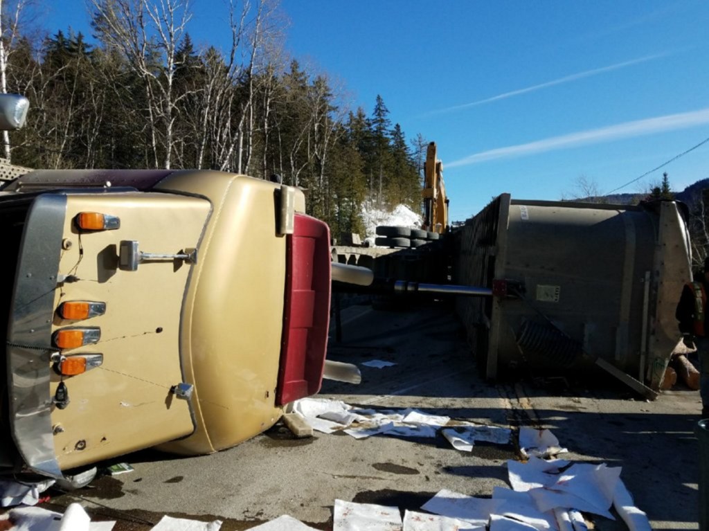 A logging truck overturned Tuesday afternoon on Route 27 in Chain of Ponds Township. Driver Timmy Philippon, 22, of Quebec, was injured, Maine State Police Trooper Jillian Monahan said.