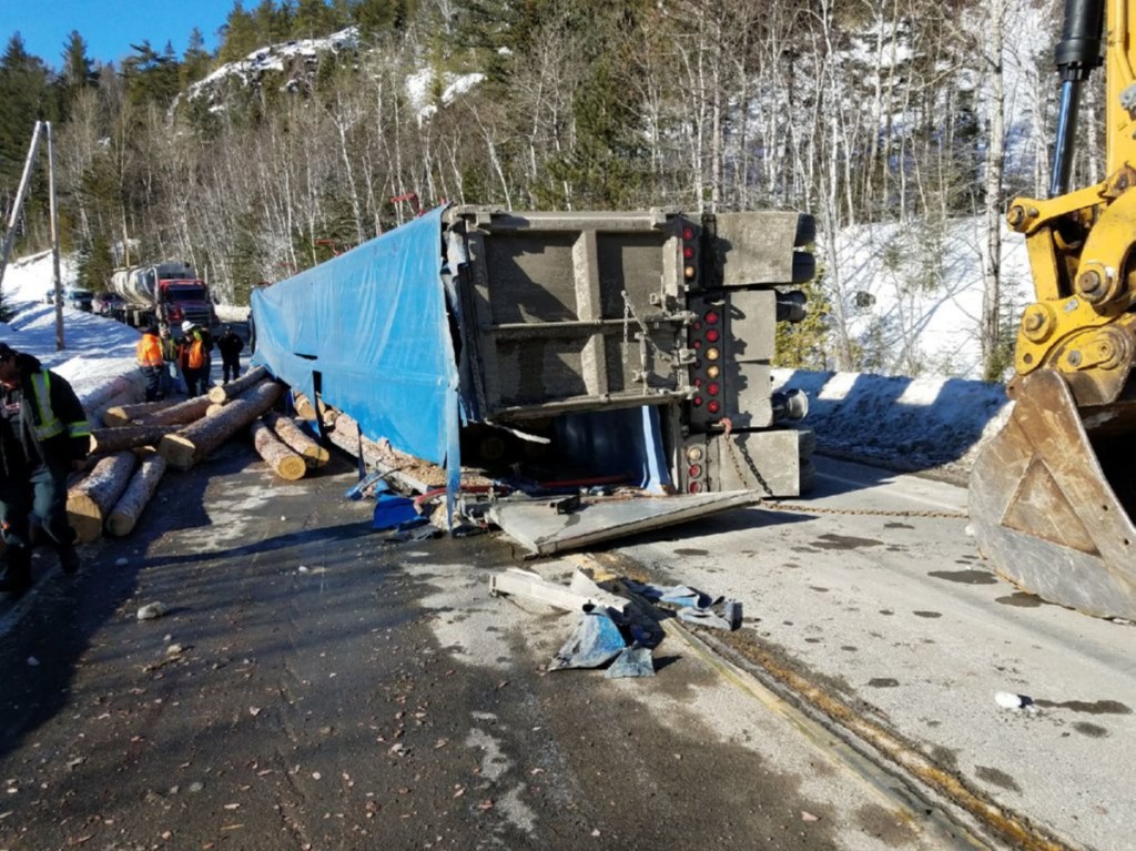 Timmy Philippon, 22, of Quebec, was injured Tuesday afternoon when the logging truck he was driving overturned on Route 27 in Chain of Ponds Township, Maine State Police Trooper Jillian Monahan said. The load of logs spilled across the road and some went into a pond.