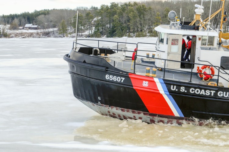 U.S. Coast Guard cutter Bridle breaks ice in January on the Kennebec River just south of Chop Point in Woolwich.