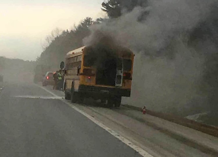 A Hermon school bus caught fire on Interstate 95 southbound in Orono on Wednesday, Maine State Police report. The children and driver got off safely, according to a state police Facebook post. Traffic was temporarily reduced to one lane.