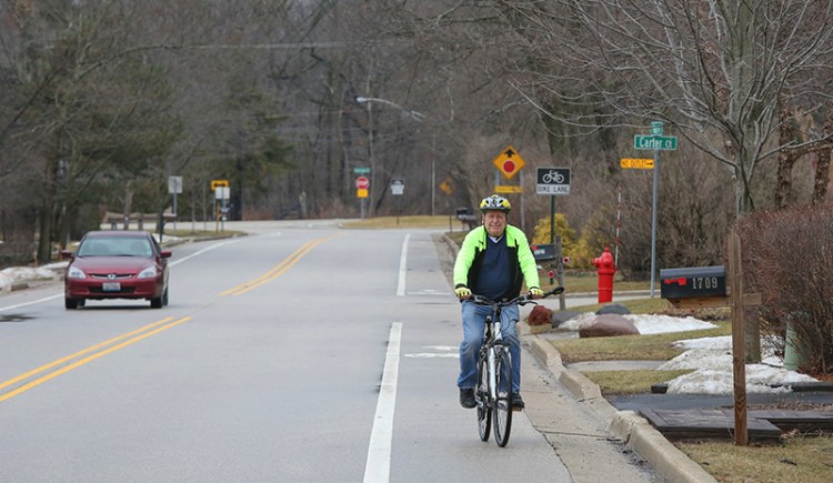 Bill Gurolnick rides his bike near his home in Northbrook, Ill. Gurolnick, who turns 87 in March 2018, is participating in Northwestern University's SuperAger study.