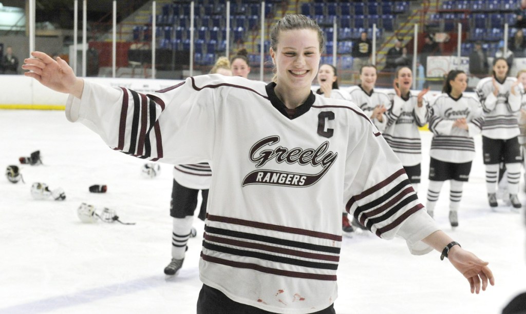 Greely/Gray-New Gloucester forward Courtney Sullivan scored all three of the Rangers' goals in a 3-1 victory over Cheverus/Kennebunk in the 2018 girls' hockey state championship game at the Colisee in Lewiston on Feb. 17. (Photo by John Ewing/Staff Photographer)