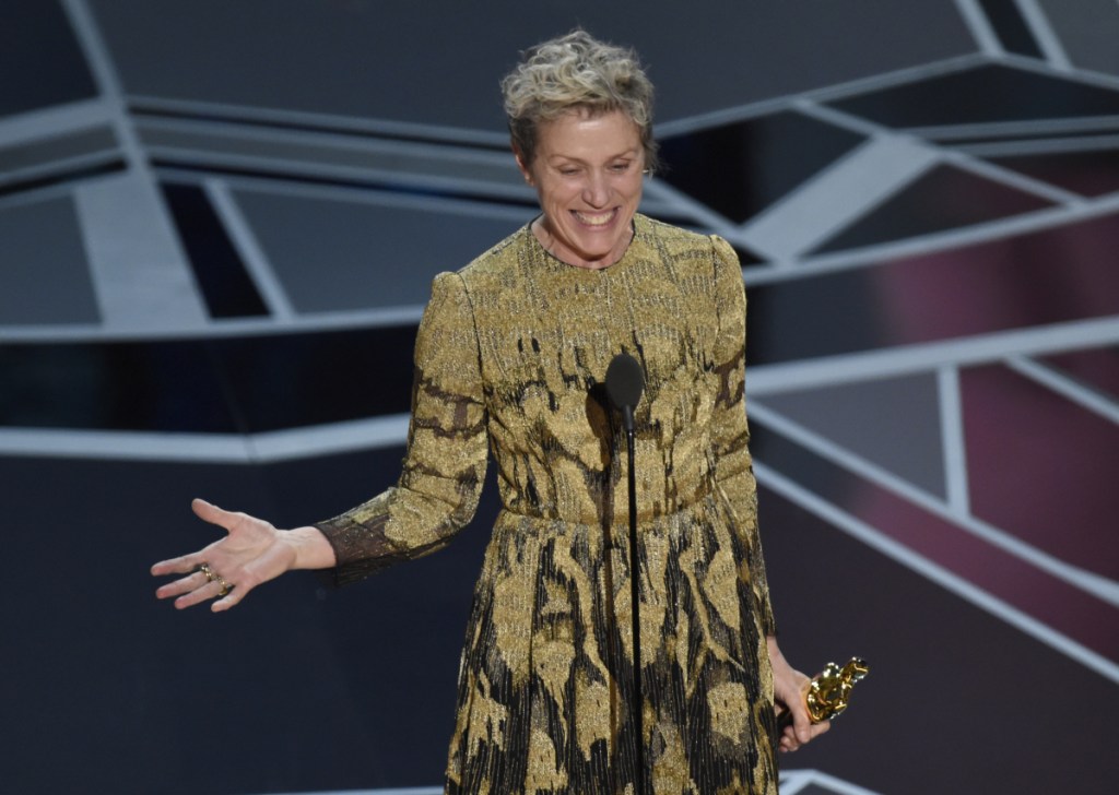 Frances McDormand accepts the award for best performance by an actress in a leading role for "Three Billboards Outside Ebbing, Missouri" at the Oscars on Sunday.