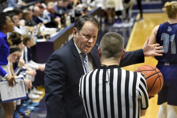 Richard Barron has words with an official during the America East women's basketball championship game at Albany, N.Y., in March 2016. Barron was announced as Maine's new men's basketball coach Monday. 