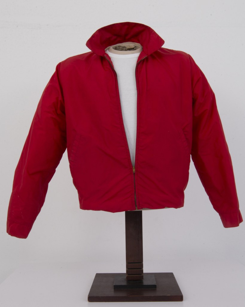The jacket worn by actor James Dean in the film "Rebel Without a Cause" is shown on display.