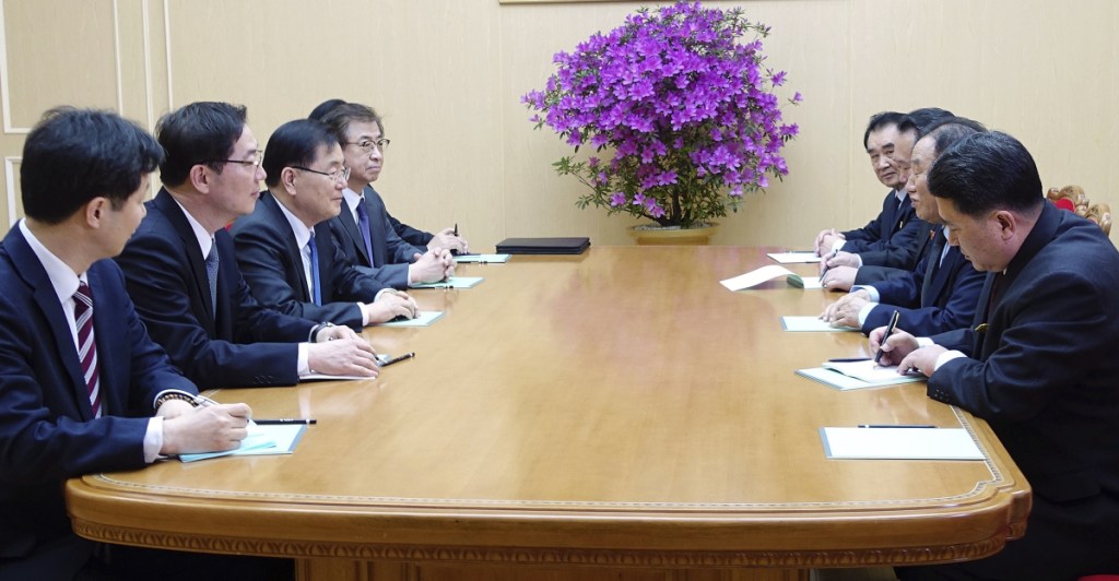 South Korean national security director Chung Eui-yong, third from left, meets with vice chairman of North Korea's ruling Workers' Party Central Committee, Kim Yong Chol. second from right, in Pyongyang, North Korea, Monday, March 5, 2018. The envoys for South Korean President Moon Jae-in are on a rare two-day visit to Pyongyang that's expected to focus on how to ease a standoff over North Korea's nuclear ambitions and restart talks between Pyongyang and Washington. (South Korea Presidential Blue House/Yonhap via AP)
