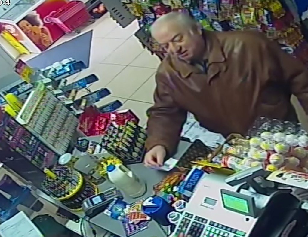 Former Russian double agent Sergei Skripal shops at a store in Salisbury, England, last week. He and his daughter were found unconscious on a bench in Salisbury on Sunday.