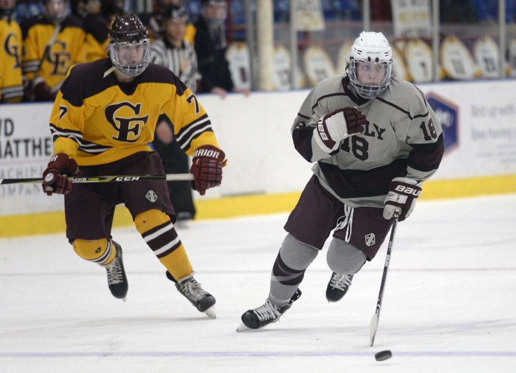 Jake MacDonald, right, is Greely's second leading scorer with 45 points and tallied the winning goal Tuesday when the Rangers beat Cape Elizabeth in the Class B South final.