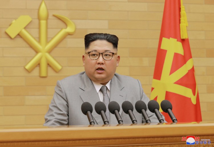 North Korean leader Kim Jong Un delivers his New Year's speech at an undisclosed location on Jan. 1. 
