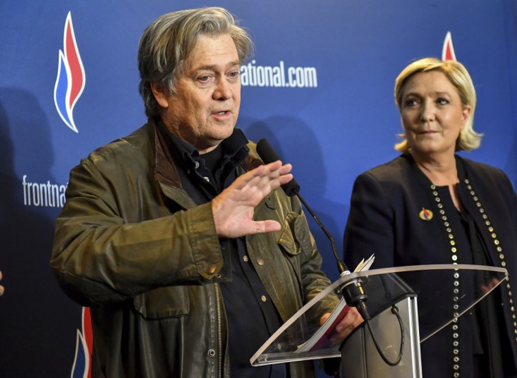 Former White House strategist Steve Bannon holds a news conference Saturday with National Front leader Marine Le Pen at the party congress in the French city of Lille.