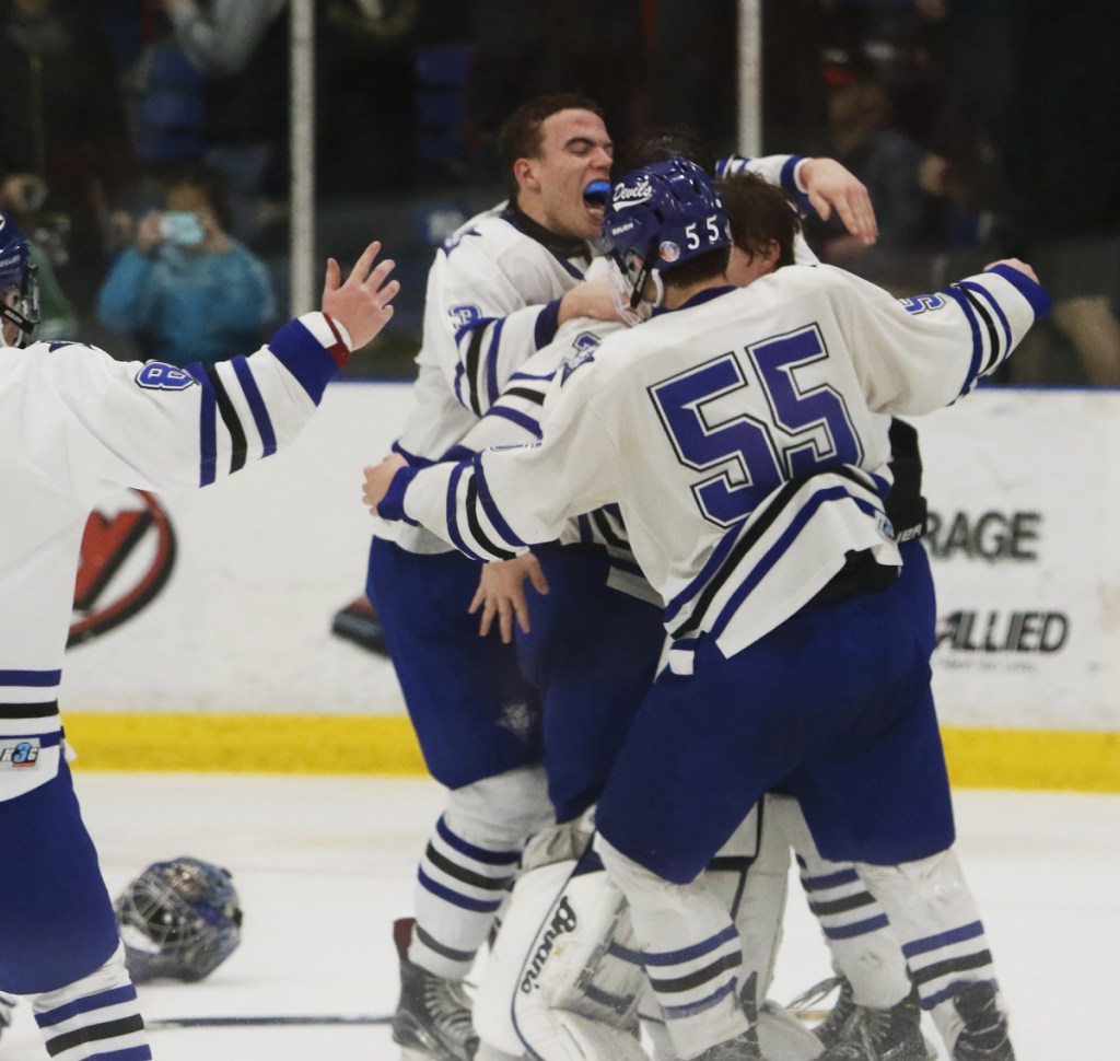For the third year in a row, Lewiston ended its boys' hockey season with a championship celebration after beating Biddeford 2-1 in the Class A final at the Androscoggin Bank Colisee.