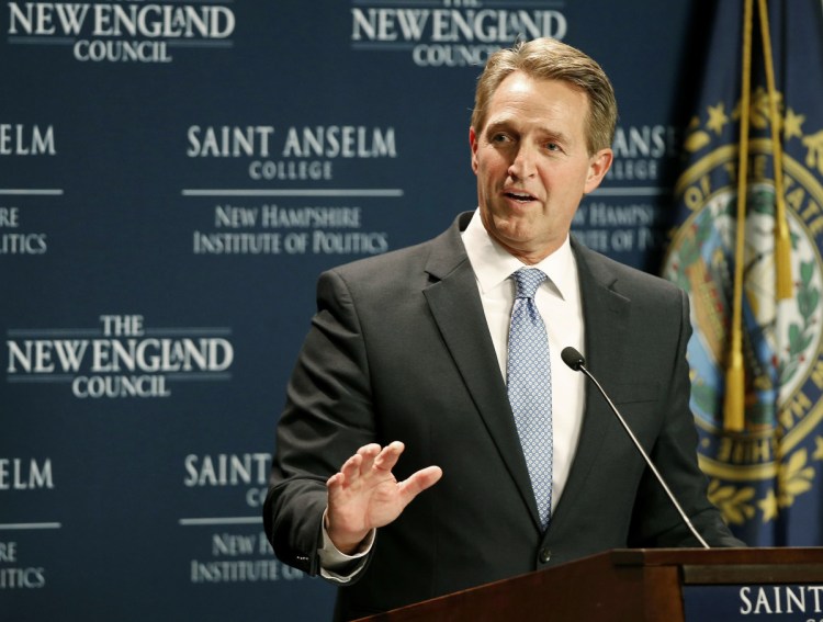 Sen. Jeff Flake, R-Arizona, speaks at the New Hampshire Institute of Politics at Saint Anselm College in Manchester, New Hampshire, on Friday.