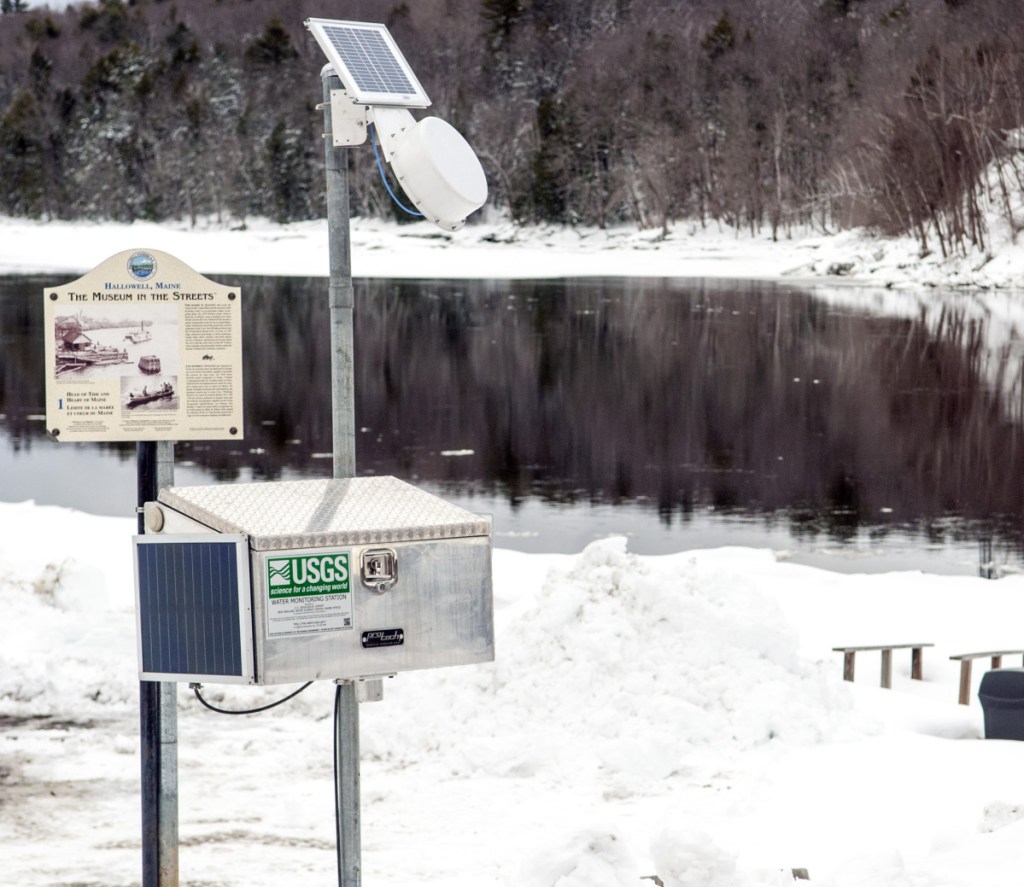 The U.S. Geological Survey installed a water monitoring station in Hallowell's Granite City Park on the banks of the Kennebec River. Officials say colder-than-normal temperatures increase the likelihood of a quick ice melt.