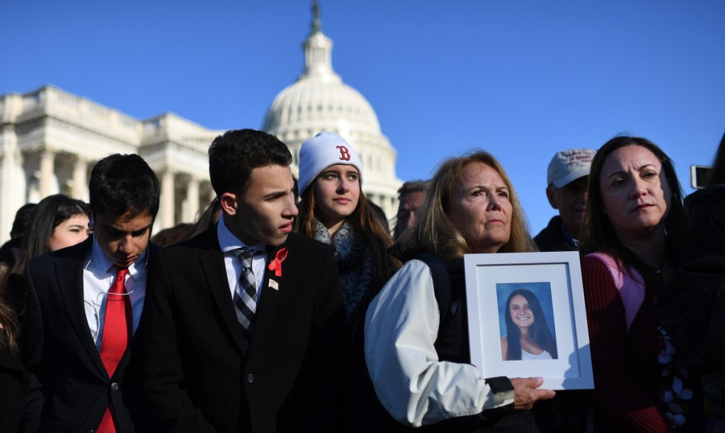 LEFT: Students from South Florida join Terri Robinovitz, the grandmother of Marjory Stoneman Douglas victim Alyssa Alhadeff, and Alyssa's mother, Lori. A gun control group flew in teens from around the country, including survivors of the Parkland shooting, to talk to lawmakers about gun violence.