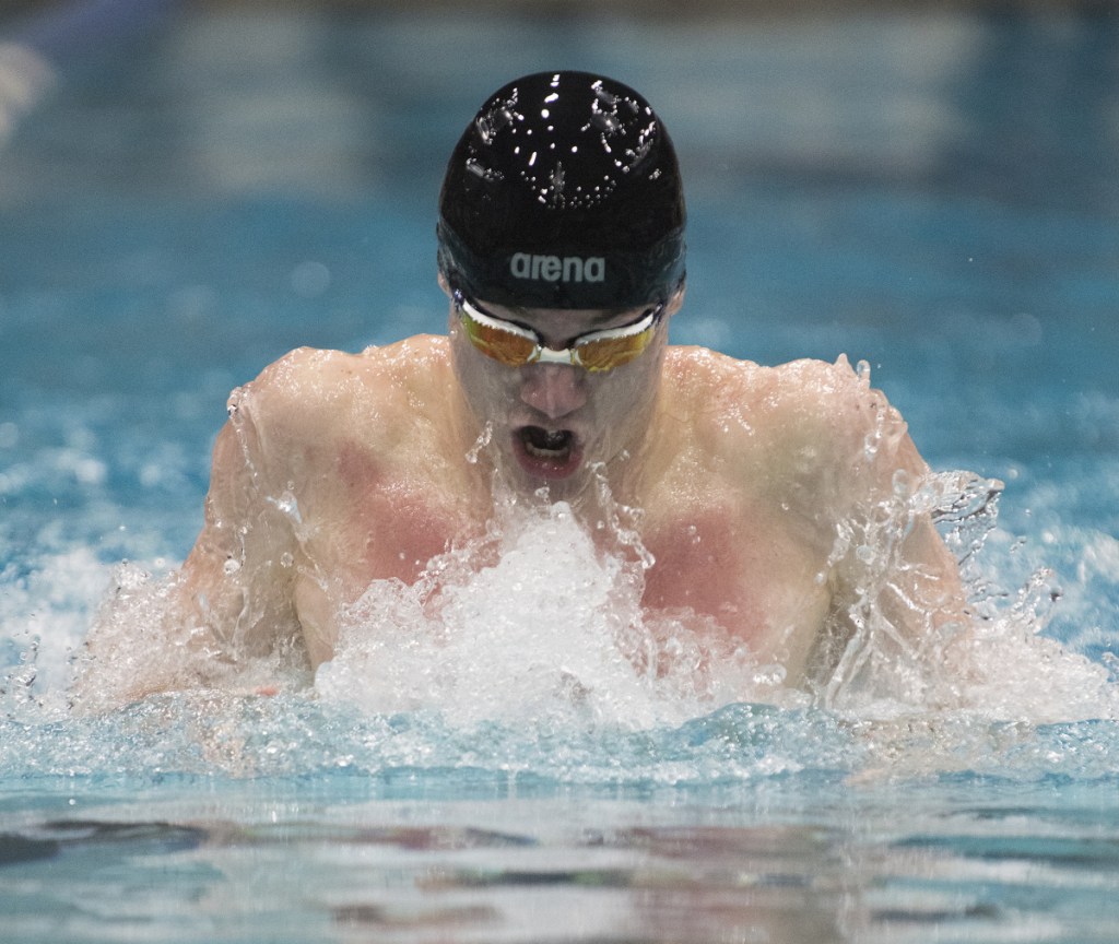 Colby Prouty of Bangor lowered his own state record in the 100 breaststroke to 56.17 seconds at the Class A meet last month. winning the event for a fourth straight year. He also took a third straight title in the 200 IM and is the male Swimmer of the Year.