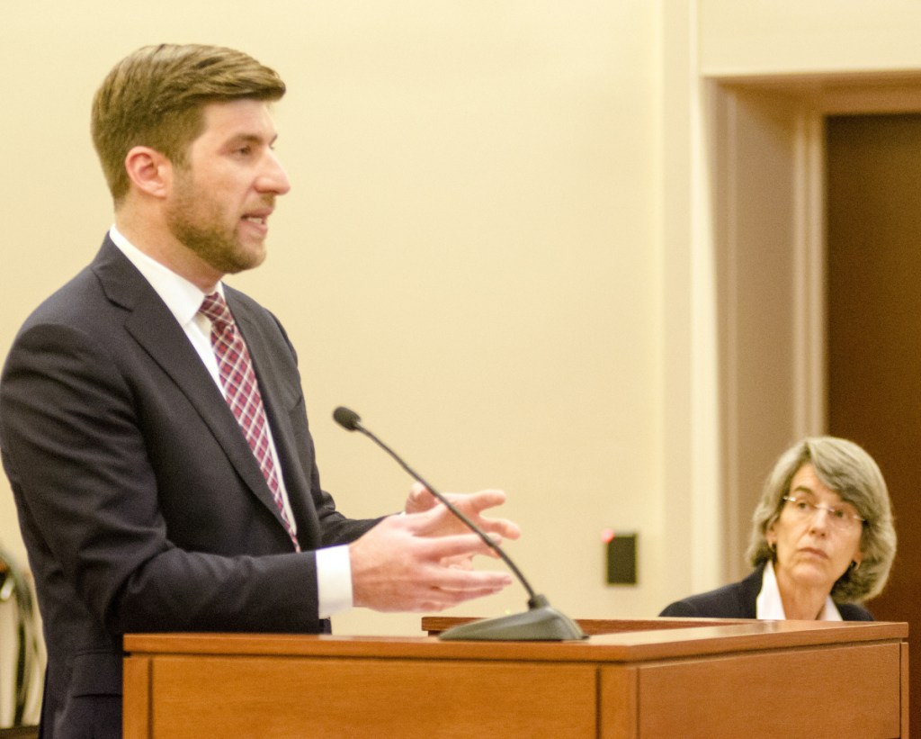 James Monteleone, attorney for the Committee for Ranked Choice Voting, speaks during Friday's hearing before Superior Court Justice Michaela Murphy. Assistant Attorney General Phyllis Gardiner is at right.