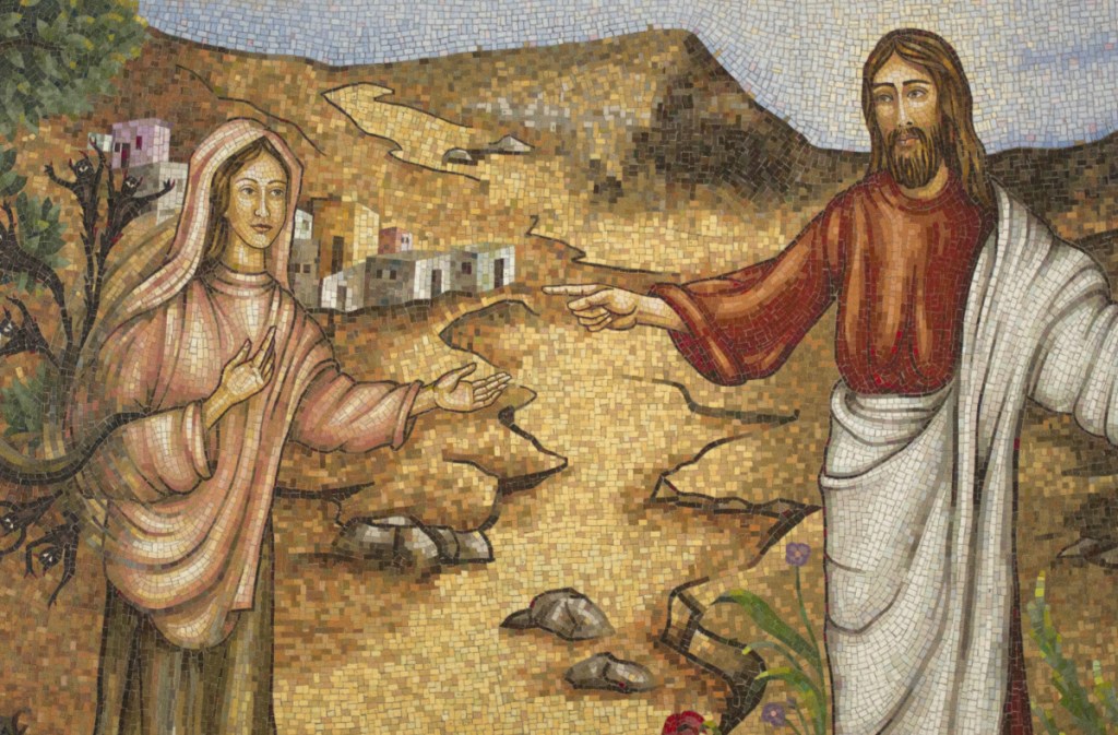 A mosaic at the Magdala center, on the Sea of Galilee in Migdal, depicts Mary Magdalene and Jesus.