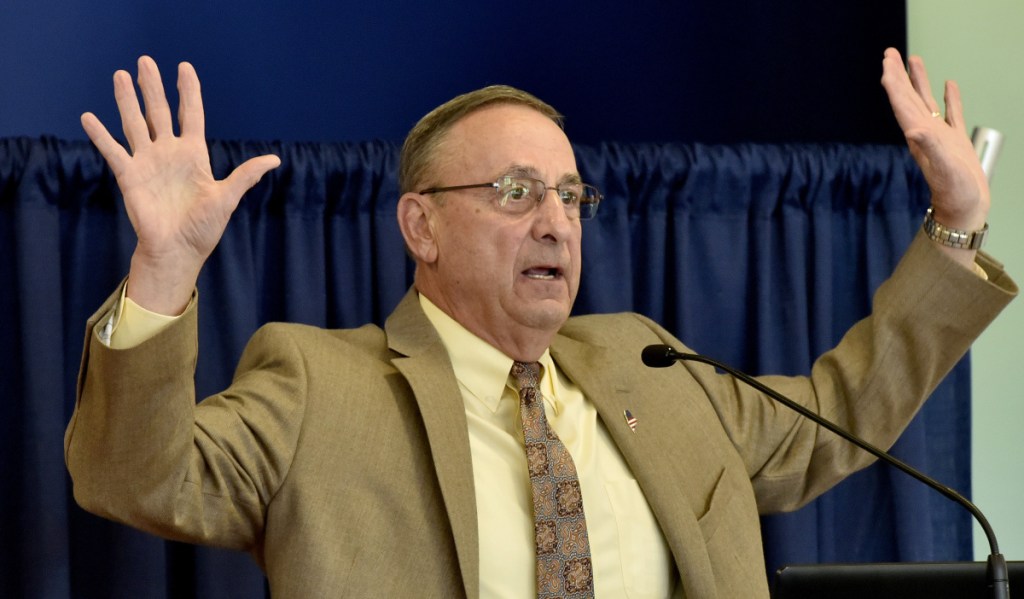 Gov. Paul LePage outlines his legislative agenda for the rest of his term during a breakfast meeting with the Mid-Maine Chamber of Commerce at Thomas College in Waterville on Thursday.