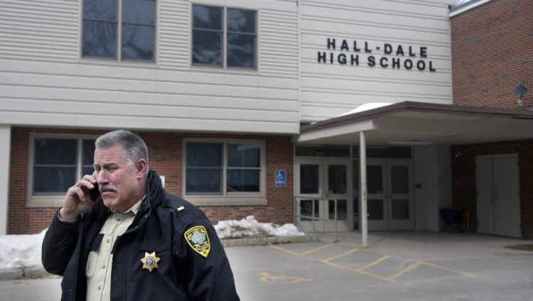 Lt. Chris Read of the Kennebec County Sheriff's Office oversaw a search of Hall-Dale High School in Farmingdale Wednesday morning after a report of a threat on a bathroom wall. 
