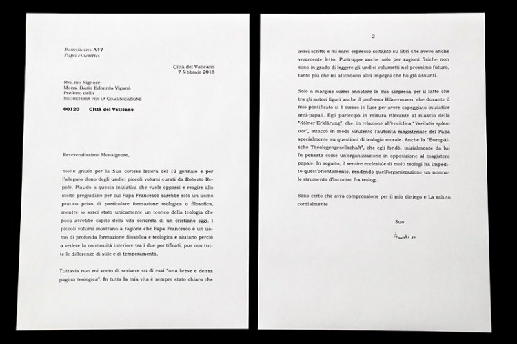 This photo shows a complete copy of a letter by Emeritus Pope Benedict XVI about Pope Francis that the Vatican released Saturday, March 17, 2018, after coming under blistering criticism for previously selectively citing it in a press release and digitally manipulating a photograph of it. The previously hidden part of the letter, the Vatican blurred the final two lines of the letter's first page, provides the real explanation why Benedict refused to provide commentary on a new Vatican-published compilation of books about Francis' theological and philosophical background.