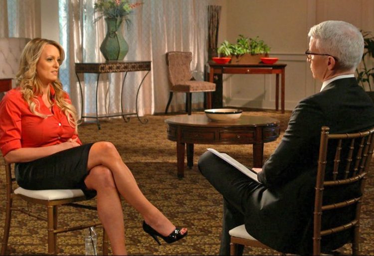 This image released by CBS News shows Stormy Daniels during an interview with Anderson Cooper that will air Sunday night on "60 Minutes." 