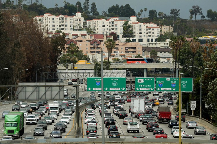 Traffic clogs the 110 Freeway during afternoon rush hour in downtown Los Angeles in 2015.