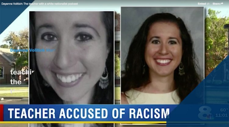 Dayanna Volitich is shown in a television report. The HuffPost reported that leads a double life as a popular white-nationalist podcaster known as Tiana Dalichov who espouses anti-Semitic conspiracy theories and believes that Muslims should be eradicated from the earth.
