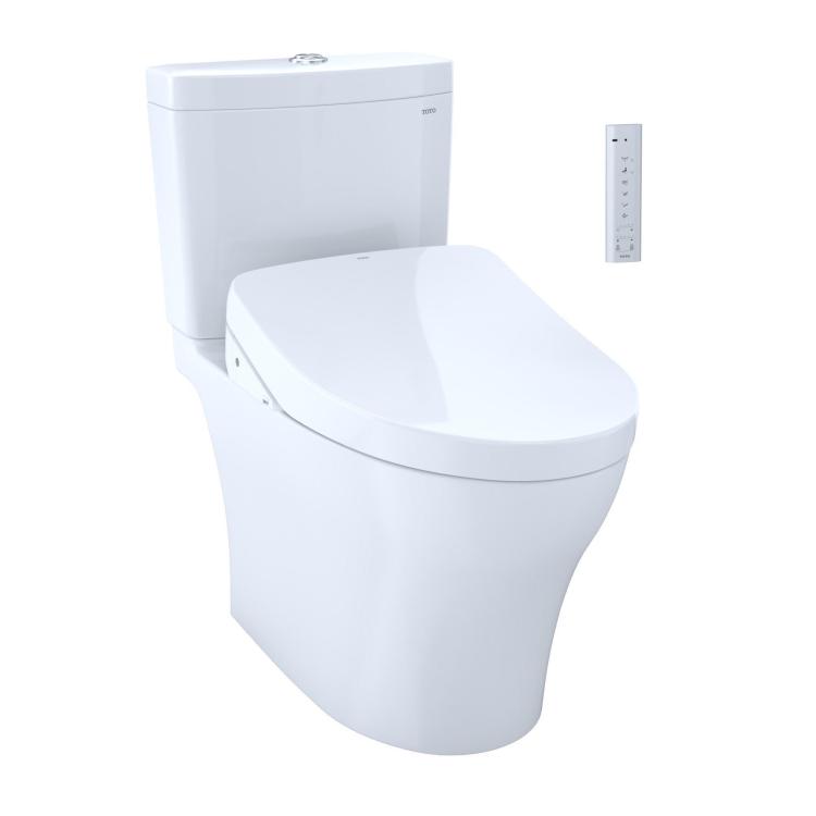 A toilet with a TOTO WASHLET electronic bidet seat.