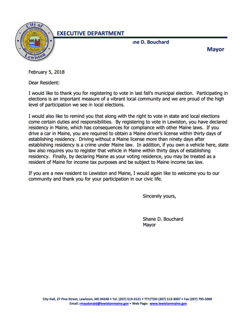 This letter from Mayor Shane Bouchard was sent to 221 people in Lewiston who registered at the polls during last year's election in November and mayoral runoff in December.