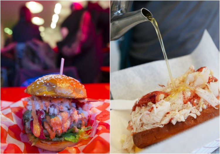 Left, the Surf and Turf at Highroller Lobster Co. on Exchange Street in Portland. Right, the picnic-style lobster roll from Bite Into Maine.