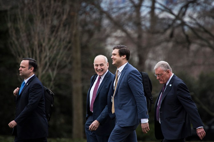 White House Director of Social Media Dan Scavino, White House Chief of Staff John Kelly, White House personnel director Johnny DeStefano, and National Security Council Chief of Staff Keith Kellogg in February.