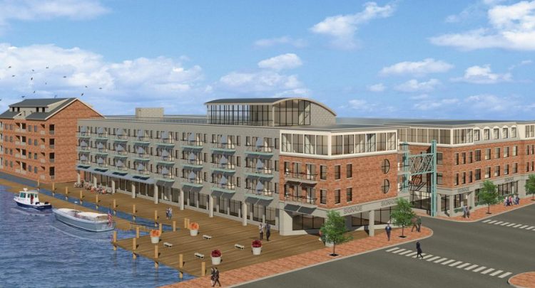 This is the original rendering, unveiled in February, 2017, for the Fisherman’s Wharf redevelopment proposal. Architect David Lloyd said Monday that the design has changed since then, but would not provide any new renderings that show the buildings or say what changes had been made. 