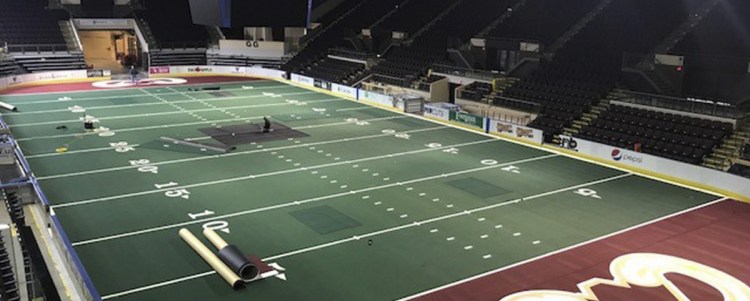 Workers at Cross Insurance Arena lay turf to prepare for the Maine Mammoths' April 14 home opener against the Carolina Cobras.