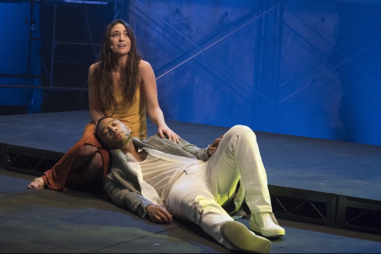 This image released by NBC shows,  John Legend as Jesus Christ, and Sara Bareilles as Mary Magdalene from the NBC production, "Jesus Christ Superstar Live In Concert."