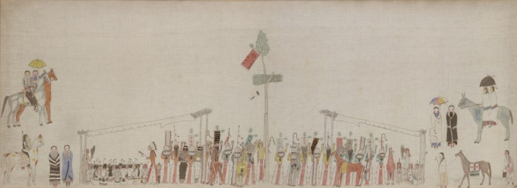 "Sun Dance," by an unidentified Lakota artist, ca. 1895, pigments on muslin. The painting is the centerpiece of "Art from the Northern Plains" at Bowdoin College.