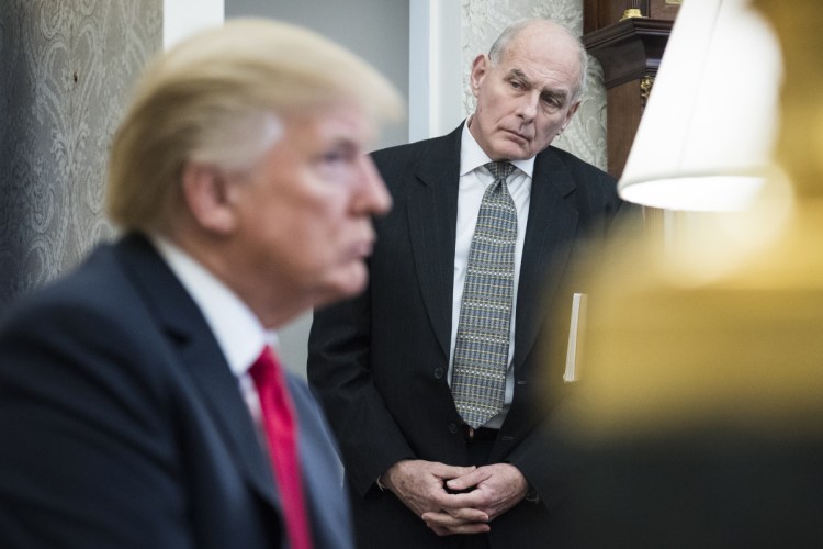 White House Chief of Staff John Kelly watches as President Trump speaks during a meeting with North Korean defectors in the Oval Office at the White House in February. Tension between the president and Kelly has been rising in recent months.