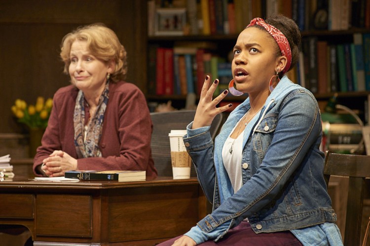 Ivy League college professor Janine Bosko, played by Susan Knight, and student Zoe Reed, played by Alexis Green, share intense debates over political and societal views.